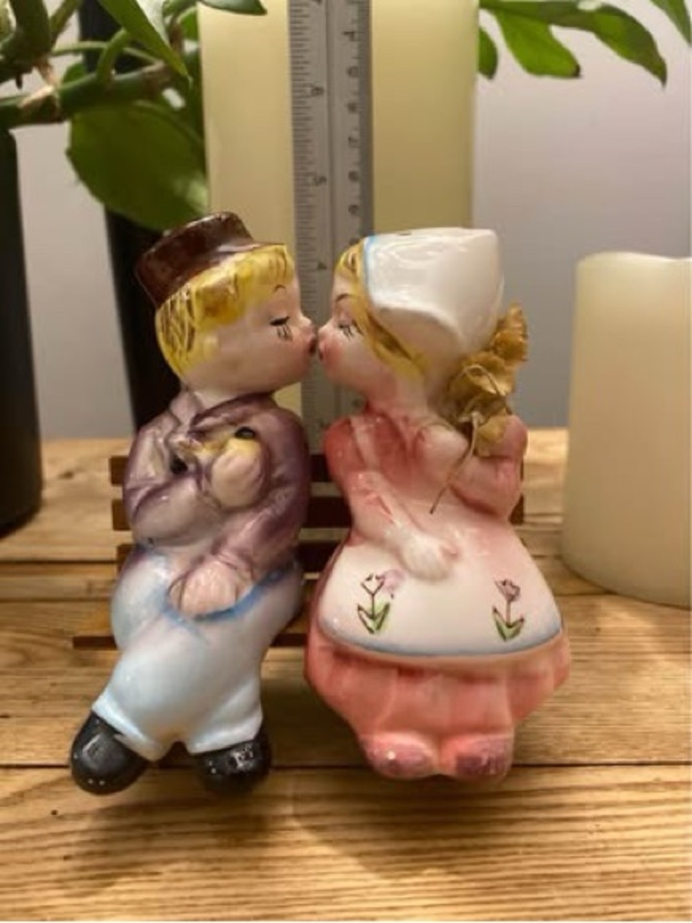 Vintage Kissing Dutch Boy & Girl Salt & Pepper Shakers on Wooden Bench Japan